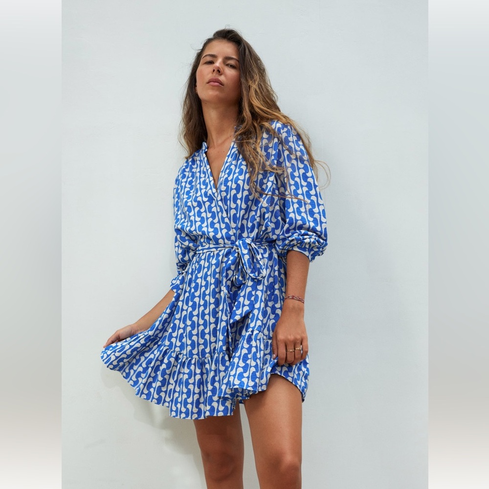 Zara Short Blue and White Printed Dress